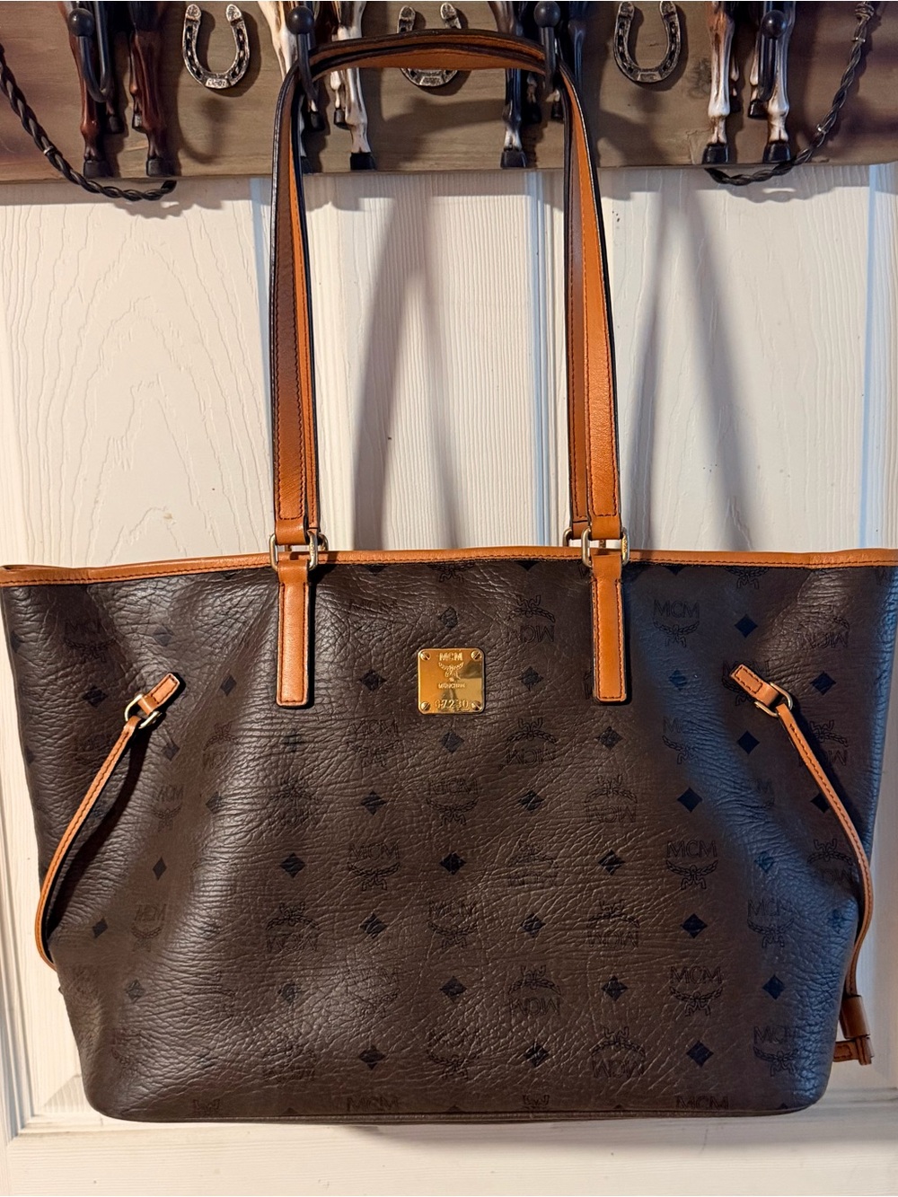 MCM Dark Brown Logo Tote with Tan Trim and Straps - Picture 1 of 8